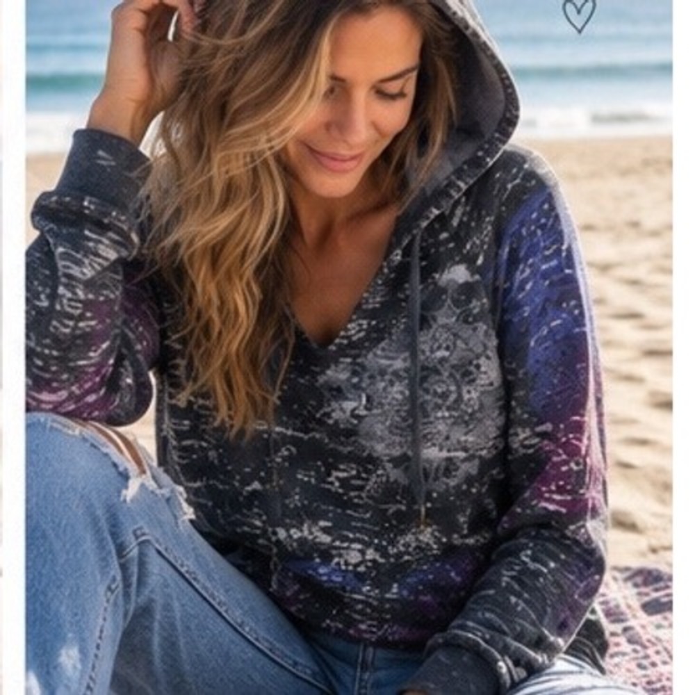 Billabong Womens V-Neck Hoodie Charcoal Grey Purple Burnout Graphic Large
